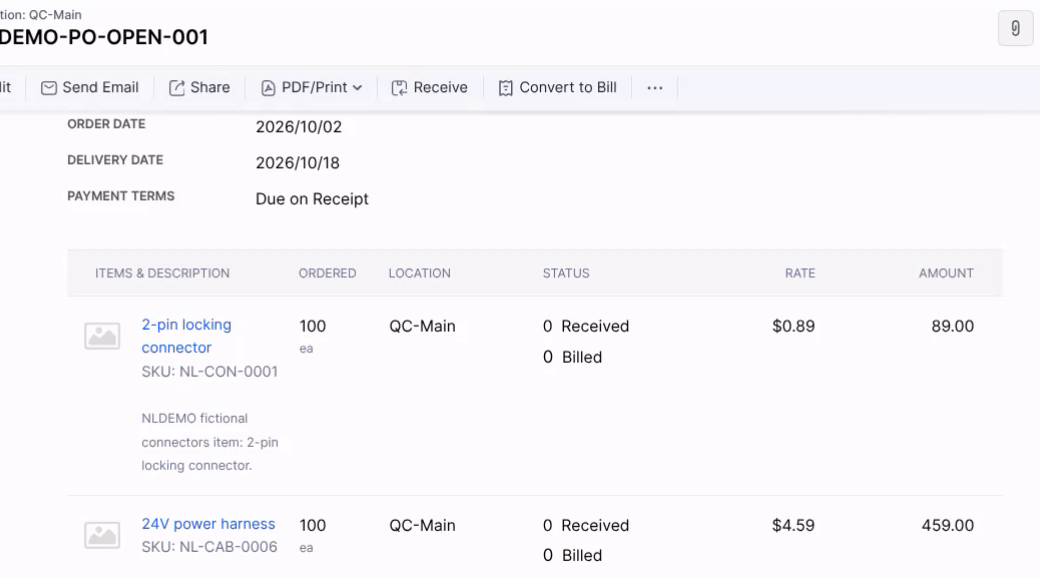 Zoho Inventory purchase order NLDEMO-PO-OPEN-001 with delivery date 2026/10/18, nothing received