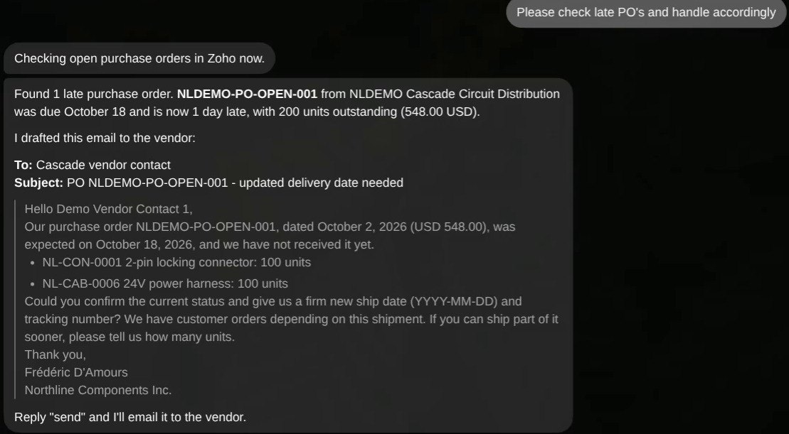 Agent chat: found 1 late purchase order and drafted an email to the vendor