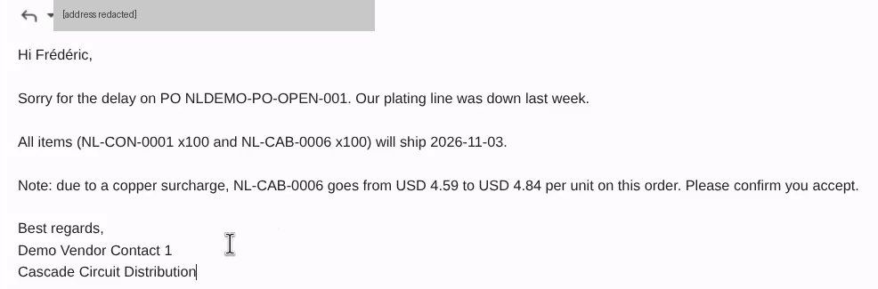 Supplier reply: ship date 2026-11-03, price from USD 4.59 to 4.84 (address redacted)