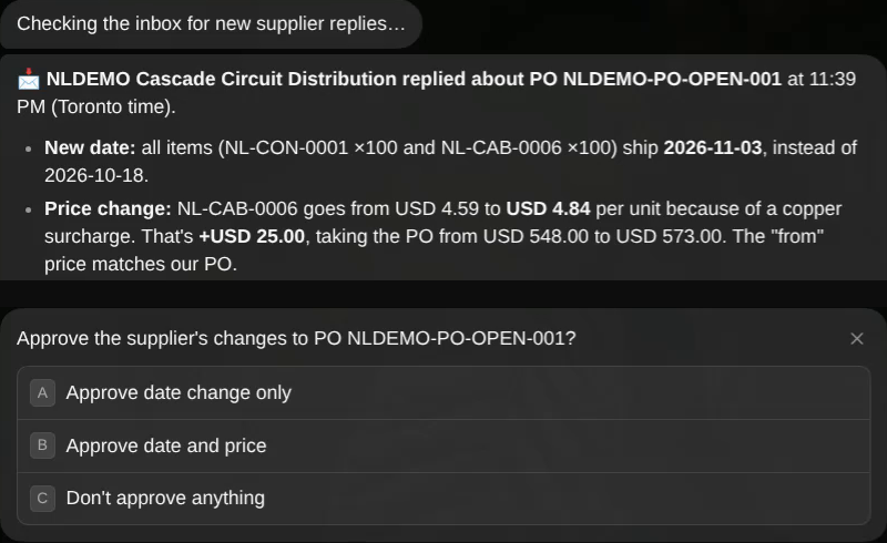 Agent summary of the reply with three approval options