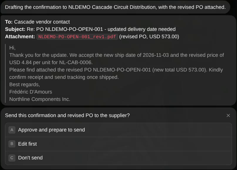 Draft confirmation to the supplier with the revised PO attached and approval options