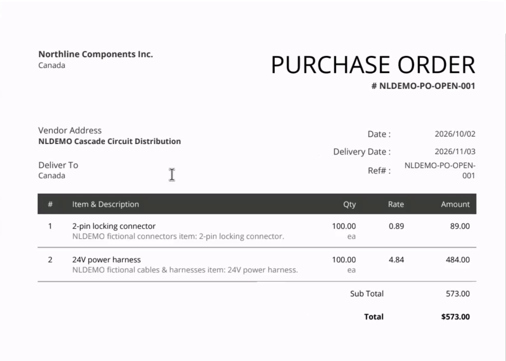 Revised purchase order PDF with delivery date 2026/11/03 and total 573.00